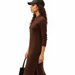 Mondetta Collared Long Sleeve Dress Made EcoVero Fabric Ribbed Color Brow Size L